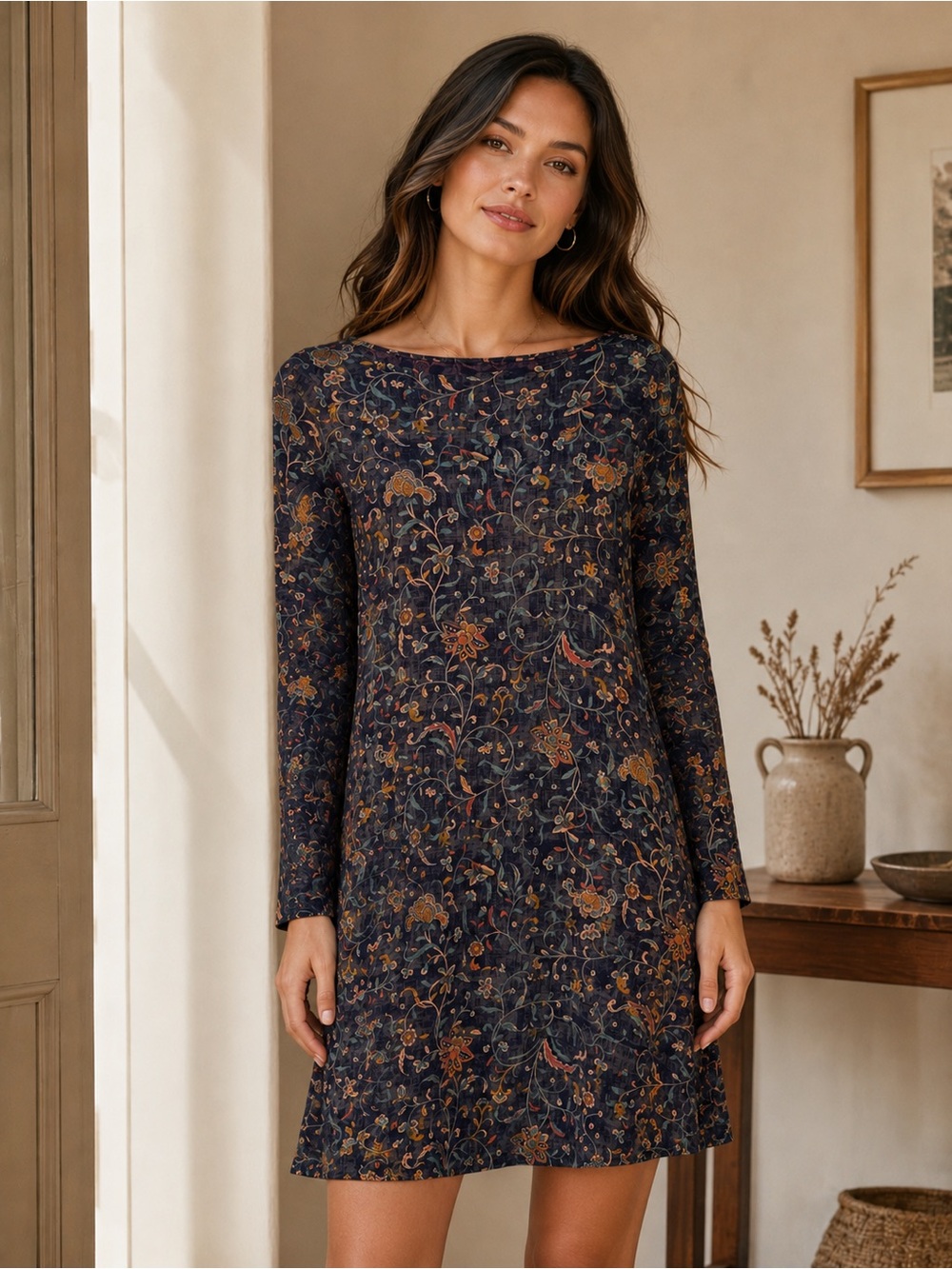 Peruvian Collection Floral Long-Sleeve Shift Dress in Navy S